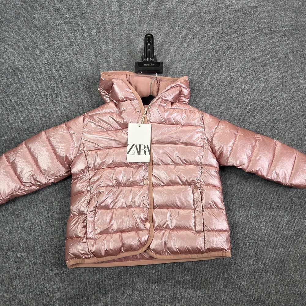 NEW Zara Girls‎ Button Up Metallic Quilted Hooded Puffer Jacket Coats 2-3 YR